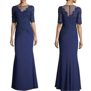 Rickie Freeman for Teri Jon Elbow Sleeve Lace Mermaid Evening Gown in Blue Sz 8
